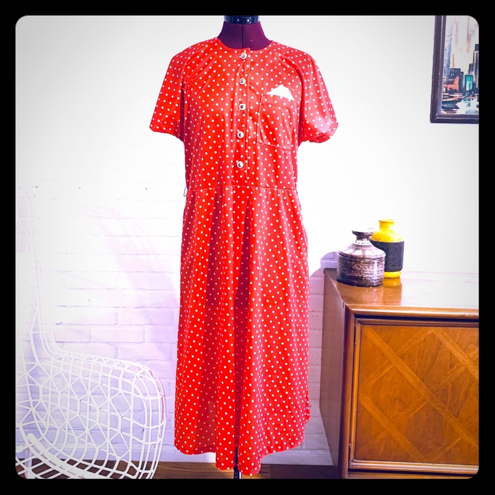 80s Red Polka Dot Dress Size L XL Pin Up
